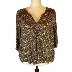 Floral Peasant top Brown V-Neck 3/4 Sleeve Blouse Top Size 2X